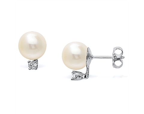14k  White Gold 7-7.5mm Akoya Pearl & Diamond Stud Earrings 